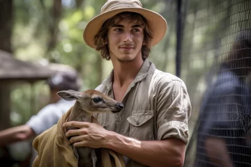 Foto op Plexiglas a young man holding a kangaroo during an outdoor exhibition in the forest © altitudevisual
