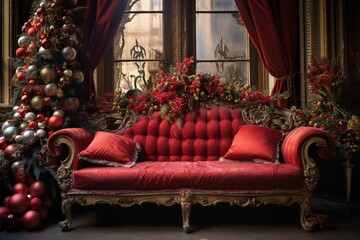 A festive room adorned with a crimson couch and ornamental embellishments. Generative AI
