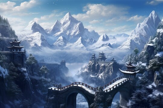 A stunning anime-style artwork depicting a snowy mountain bridge surrounded by winter scenery. Generative AI