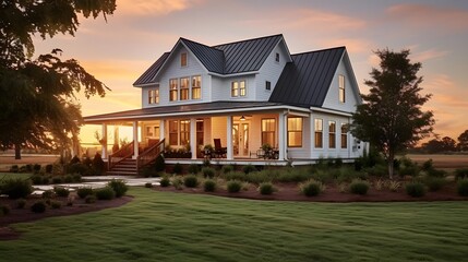 Panoramic view of a luxury house in the countryside during sunset