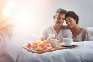Obraz na płótnie Canvas A husband in love brings his wife breakfast