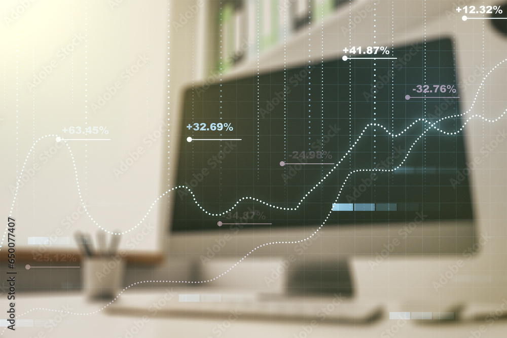 Poster double exposure of abstract creative statistics data hologram and modern desktop with laptop on back