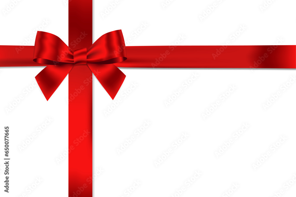 Poster red bow realistic with horizontal and vertical cross ribbon place on white background for decorate y