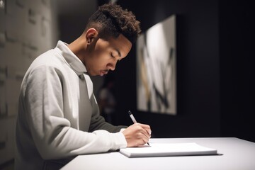 Fototapeta premium shot of a young man writing in a notebook inside an art exhibition