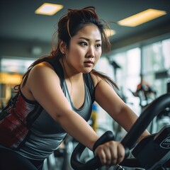 A fat woman works out in the gym to lose weight. Generative ai.