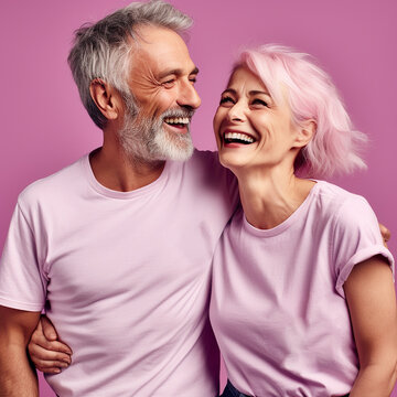 Cool And Trendy Elderly Laughing Couple, Plain Background, Lilac Tshirt