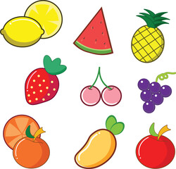 Collection of cute colorful fruits Vector fruit set with apple, lemon, orange, pineapple, grape, cherry, strawberry, mango and watermelon.