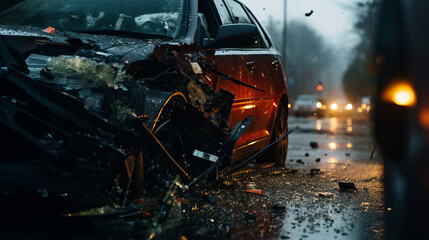 Aftermath of a car crash, showcasing the crumpled metal, shattered glass, and visible stress marks on the vehicle's surface, set against the blur of an urban environment