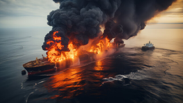 Harrowing image capturing the intense flames and thick black smoke rising from an oil tanker explosion at sea, with the vastness of the ocean contrasting the fiery devastation