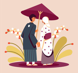 Chinese people in traditional dress and kimono at wedding ceremony. Chinese wedding concept. Beautiful traditional wedding couples in park. Vector illustration in cartoon style in pink colors