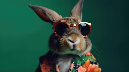 A rabbit wearing sunglasses on a green background