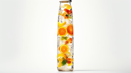 A glass bottle filled with oranges and lemons