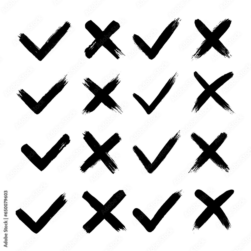 Poster grunge hand drawn brush strokes cross x and tick ok check marks v vector illustration set isolated o