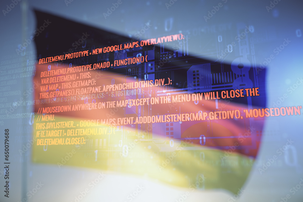 Poster Double exposure of abstract programming language interface on German flag and blue sky background, research and development concept