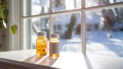 Foto op Canvas Vitamin D capsules tablets on the windowsill near a snowy winter window. Omega 3 fish oil capsules and a glass bottle. Winter lack of sunshine © irissca