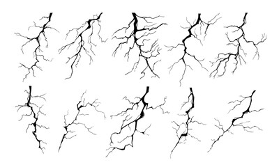 Lightning strike bolt silhouettes vector illustration set. Black thunderbolts and zippers are natural phenomena isolated on a white background. Thunderstorm electric effect of light and shining flash.