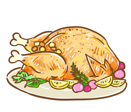 Roasted turkey with vegetables illustration. 