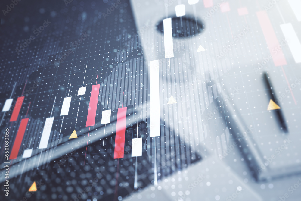 Aufkleber multi exposure of abstract financial graph with world map on modern computer background, financial a