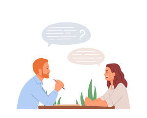 Woman talking about skills with HR. Interviewing concept. Candidate answering on questions. Work of human resources department. Flat vector illustration in cartoon style