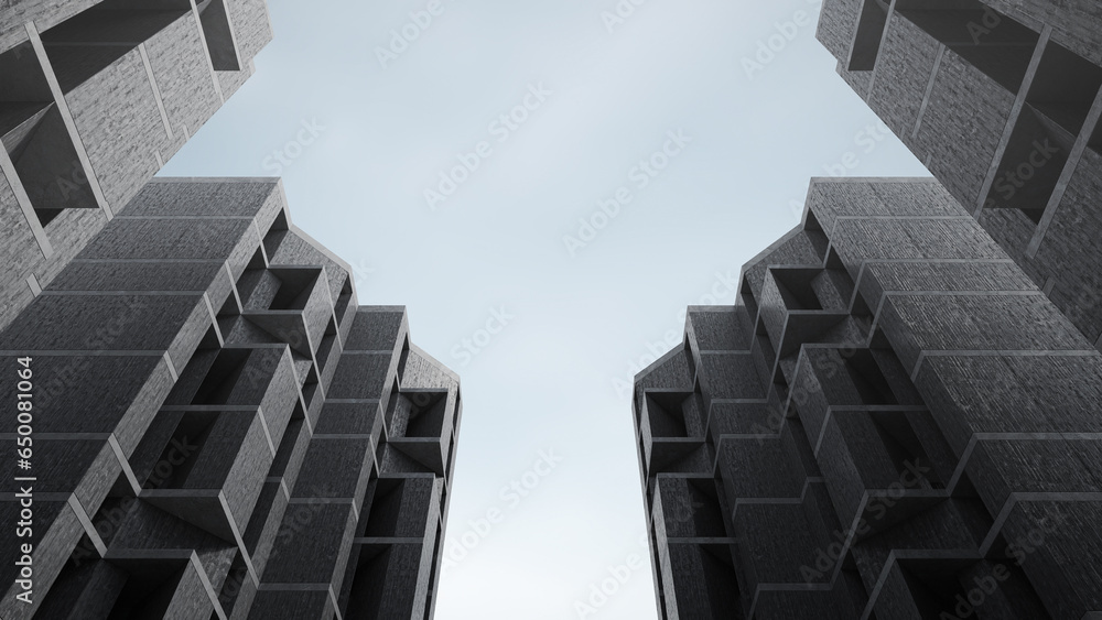 Poster concrete building with brutalism design. 3d rendering of abstract architecture with sky background.