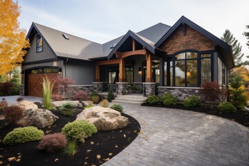 House exterior, light brown with black trims, beige stone work