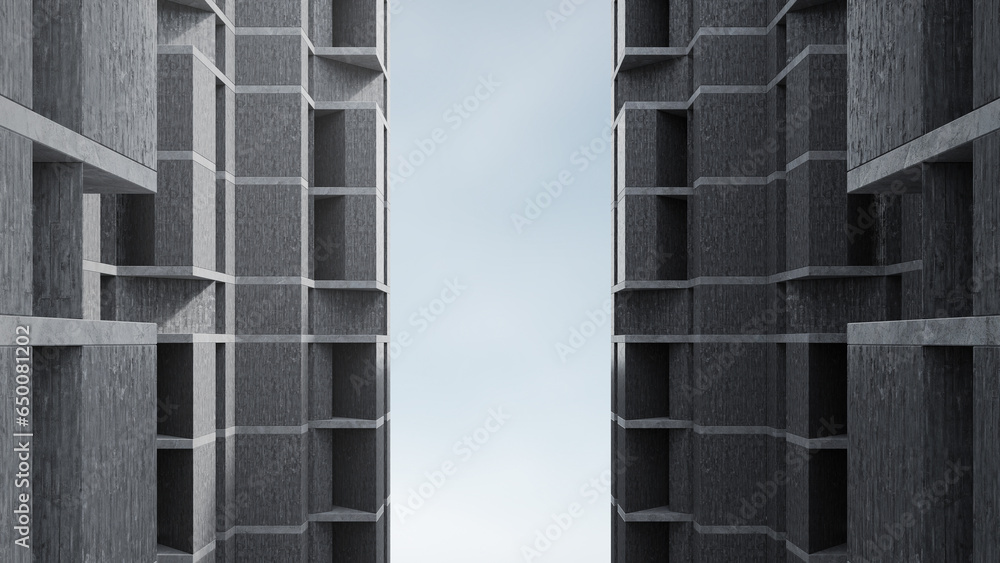 Poster concrete building with brutalism design. 3d rendering of abstract architecture with sky background.