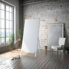 Blank white poster on brick wall in modern interior. Mock up- 3D Rendering