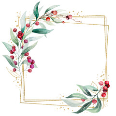 Christmas frame with watercolor twigs with green leaves and red berries. Holidays design Illustration