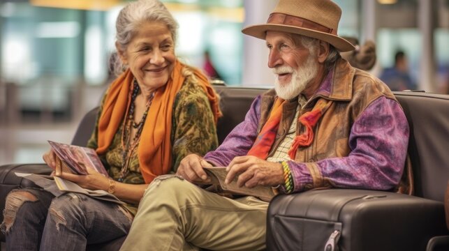 Senior couples, sporting neutral attire, read while they wait for their flight check-in at the modern airport.