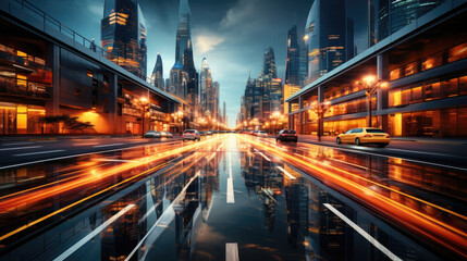 Fototapeta na wymiar Light Speed Trails Path Through Smart Modern Mega City