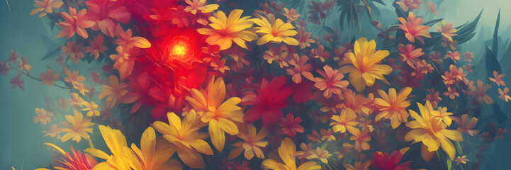 Fototapeta na wymiar Bright tropical flowers, background, banner, ai generated