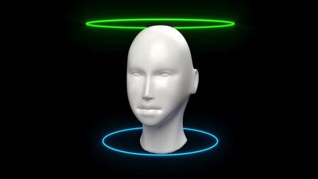 Marble mannequin head surrounded by a green and blue light circle intro able to loop seamless 4k