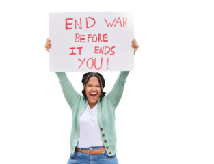 Isolated African, woman and protest war on poster, portrait or justice by transparent png background. Girl, student and billboard for peace, stop violence or shout for opinion, vote or voice in Sudan