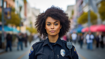 Portrait of a female smiling police officer in urban background.