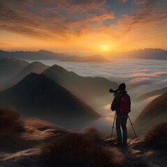 山頂で日の出を撮影するカメラマン
