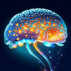 Stylized art, glowing brain, the development of artificial intelligence, the concept of future technology