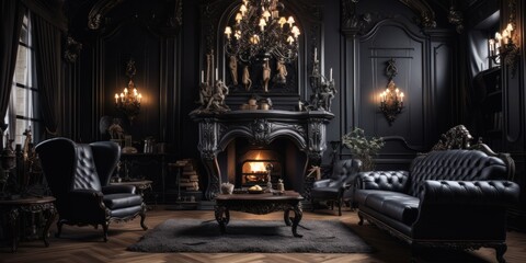 A dark gothic living room interior with high ceilings