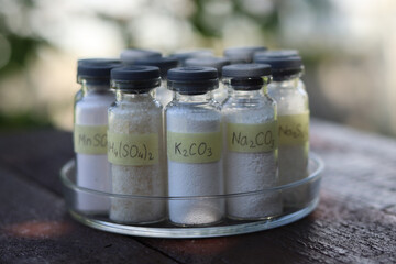 White powder of potash or potassium carbonate and white granules of soda ash together with other crystalline substances in a glass container.