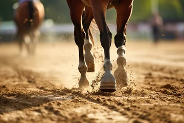 Foto op Plexiglas A bay horse's hooves gallop on the sand of an outdoor equestrian arena, symbolizing horse riding and equestrian sports. Generative AI © Madison