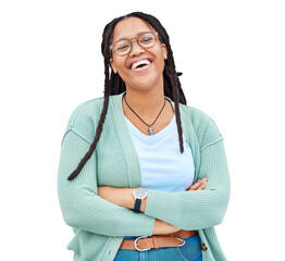 Happy, portrait and black woman or university student with arms crossed in isolated, transparent or...