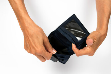 A woman showing an empty wallet on a white background - obrazy, fototapety, plakaty