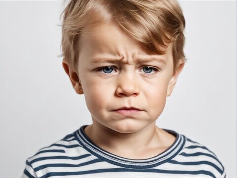 Portrait of young sad offended cries boy child kid on studio background