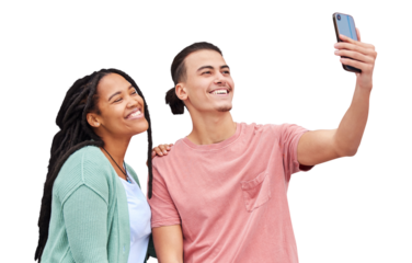 Isolated interracial couple, selfie or smile together for love for post on web by transparent png background. Man, woman or gen z students for photography, profile picture or happy for memory on blog