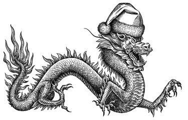 Vintage engraving isolated Japanese Dragon dressed christmas illustration snake ink santa costume sketch. Chinese character dragon background new year hat art. Black and white hand drawn image