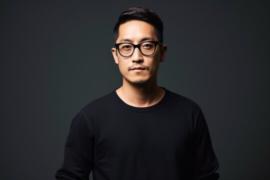 Portrait of a young asian man wearing glasses on dark background