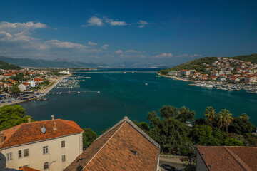 Fototapeta na wymiar Aerial view from clock tower of Trogir medieval town in Dalmatia Croatia UNESCO World Heritage Site Old city and building detail
