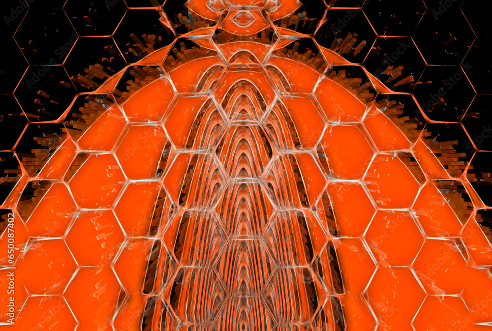 Aufkleber bright orange hexagonal exploding p[pattern and design on a black background