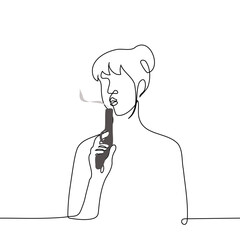 woman blows away the smoke of a gun in her hand - one line art vector. concept female shooter, female killer, metaphor of a heartbreaker or fatal woman