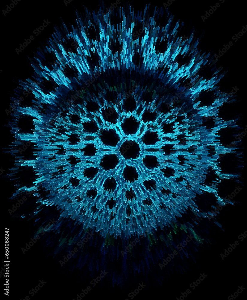 Aufkleber exploding hexagonal connected vivid blue pattern over a 3d sphere on a black background