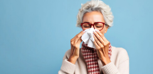 A beautiful senior woman manages her runny nose with elegance, using a pristine white tissue. - obrazy, fototapety, plakaty